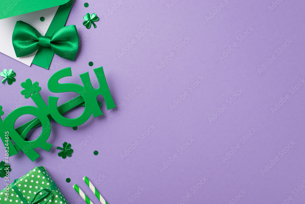 Top view photo of the green envelope with card silk tie bow funny Irish glasses confetti in shape of clovers and dots two straws and cute giftbox on isolated empty purple background Top view photo of the green envelope with card silk tie bow funny Irish glasses confetti in shape of clovers and dots two straws and cute giftbox on isolated empty purple background