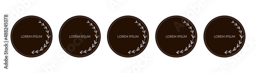 Black round green labels, templates, stickers, tags. Labels with floral frame. Vector set