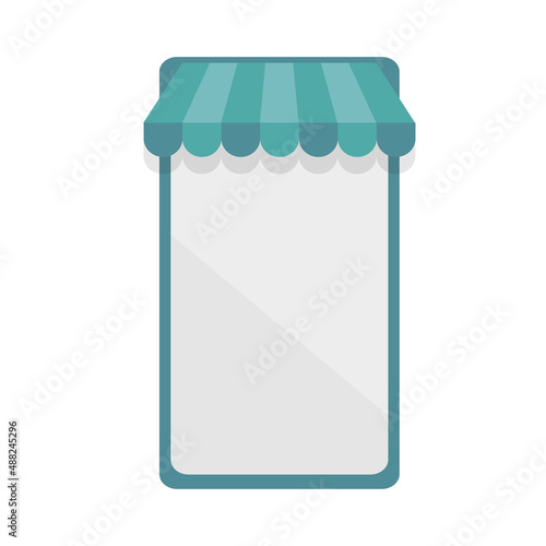 Template mobile store, web, app, ui. E-commerce concept. Smartphone with canopy. Vector illustration on white