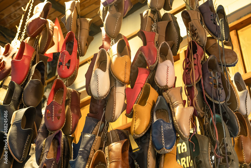 Traditional colorful and handmade shoes in Gaziantep, Turkey. Traditional, handmade leather shoes' local name is 