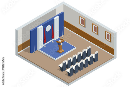 Room for press conferences. Isometric stand for press conference with microphones, equipped place for the speaker in front of journalists.