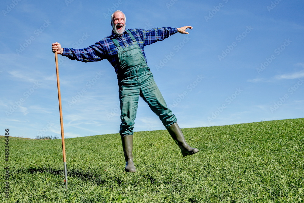 Funny farmer in his green dungarees and rubber boots is happy and makes on his sunny meadows a leap of joy. Funny farmer in his green dungarees and rubber boots is happy and makes on his sunny meadows a leap of joy.