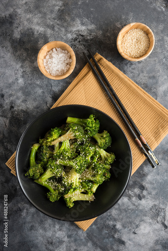 Fried Broccoli on cooking pan with composition light background photo