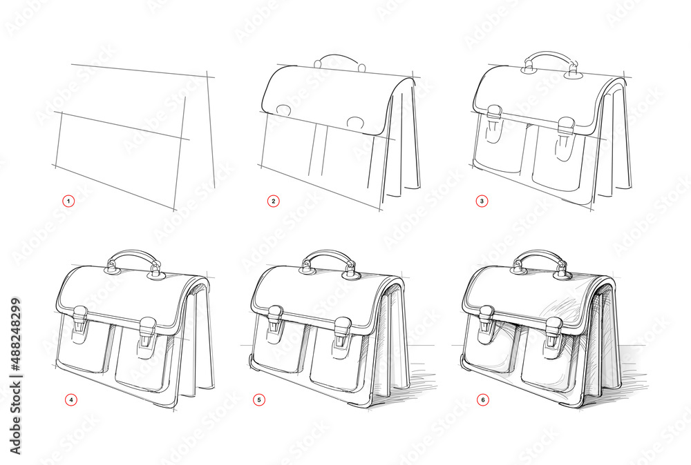 Page shows how to learn to draw sketch of briefcase. Creation step by step pencil drawing