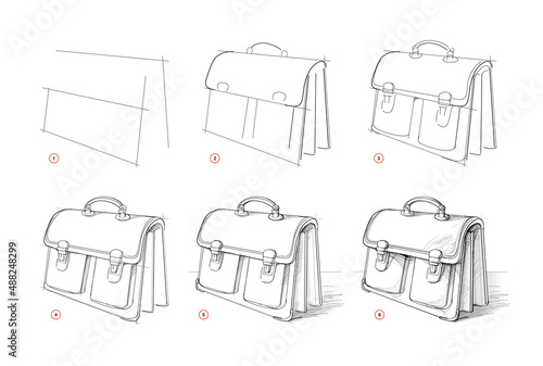 Page shows how to learn to draw sketch of briefcase. Creation step by step pencil drawing. Educational page for artists. Textbook for developing artistic skills. Online education. Vector image. photo