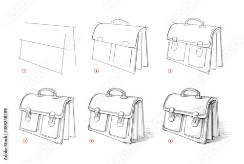 Page shows how to learn to draw sketch of briefcase. Creation step by step pencil drawing. Educational page for artists. Textbook for developing artistic skills. Online education. Vector image.
