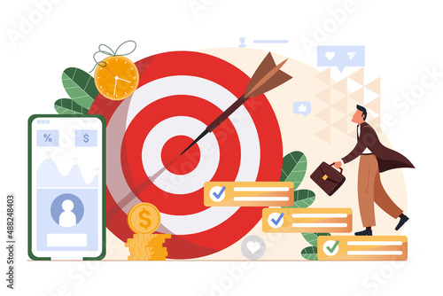 Target concept. Personal development plan, career success, build specialist skill, competence to motivate and achieve business goals. Smart businessman walk up checklist as staircase to achieve target