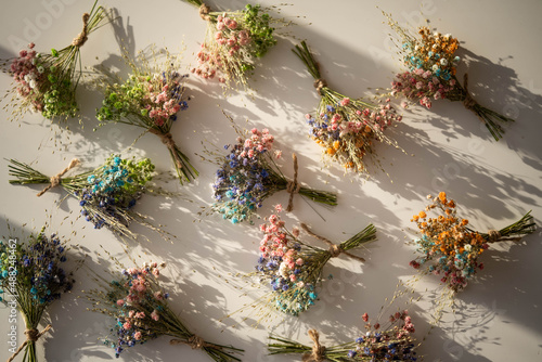 small cute beautiful bouquets of dried flowers