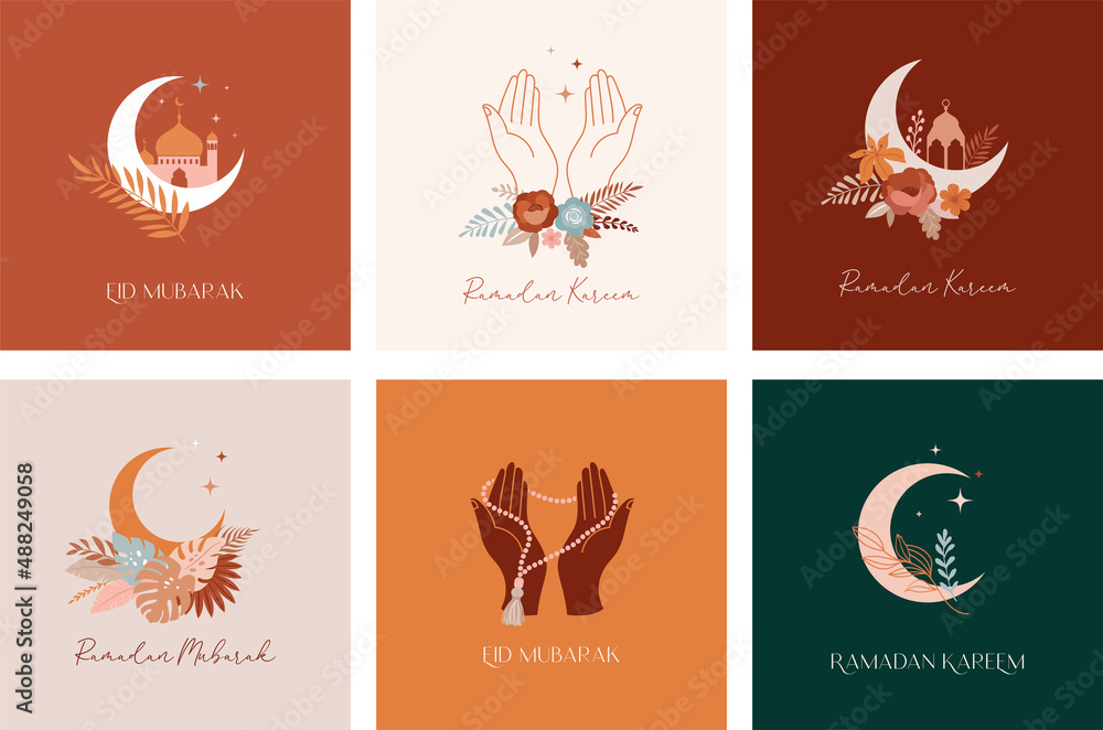Collection of modern style Ramadan Mubarak greeting cards with retro boho design, praying hands, moon, mosque dome and lanterns Collection of modern style Ramadan Mubarak greeting cards with retro boho design, praying hands, moon, mosque dome and lanterns