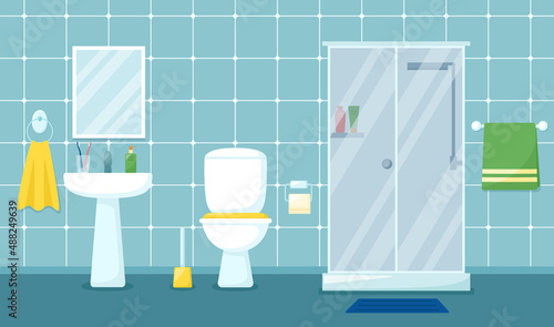 Modern bathroom interior with shower cabin, sink, mirror and toilet, vector illustration