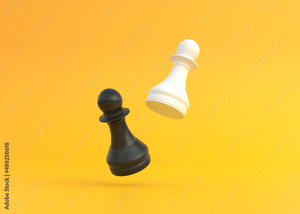 Realistic pawn on bright yellow background with copy space. Chess piece. Minimal creative battle concept. 3d render 3d illustration - obrazy, fototapety, plakaty 