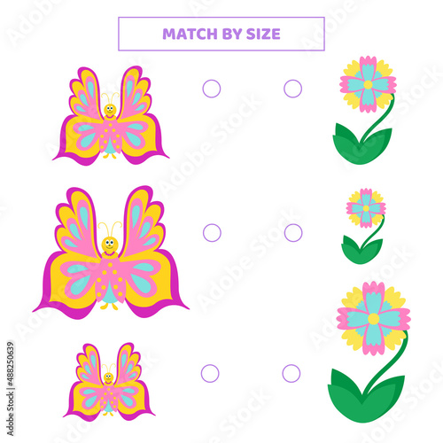 Match by size for cartoon butterfly and flower.