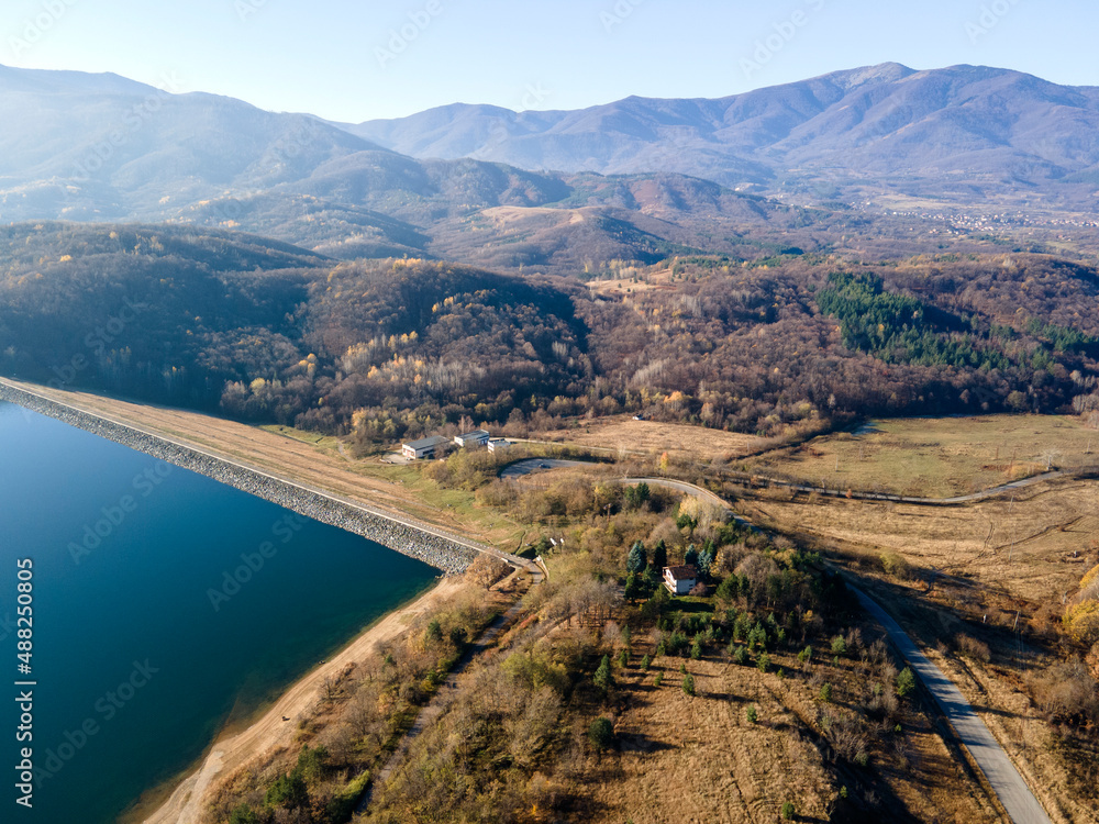 Aerial view of Srechenska Bara Reservoir, Bulgaria
