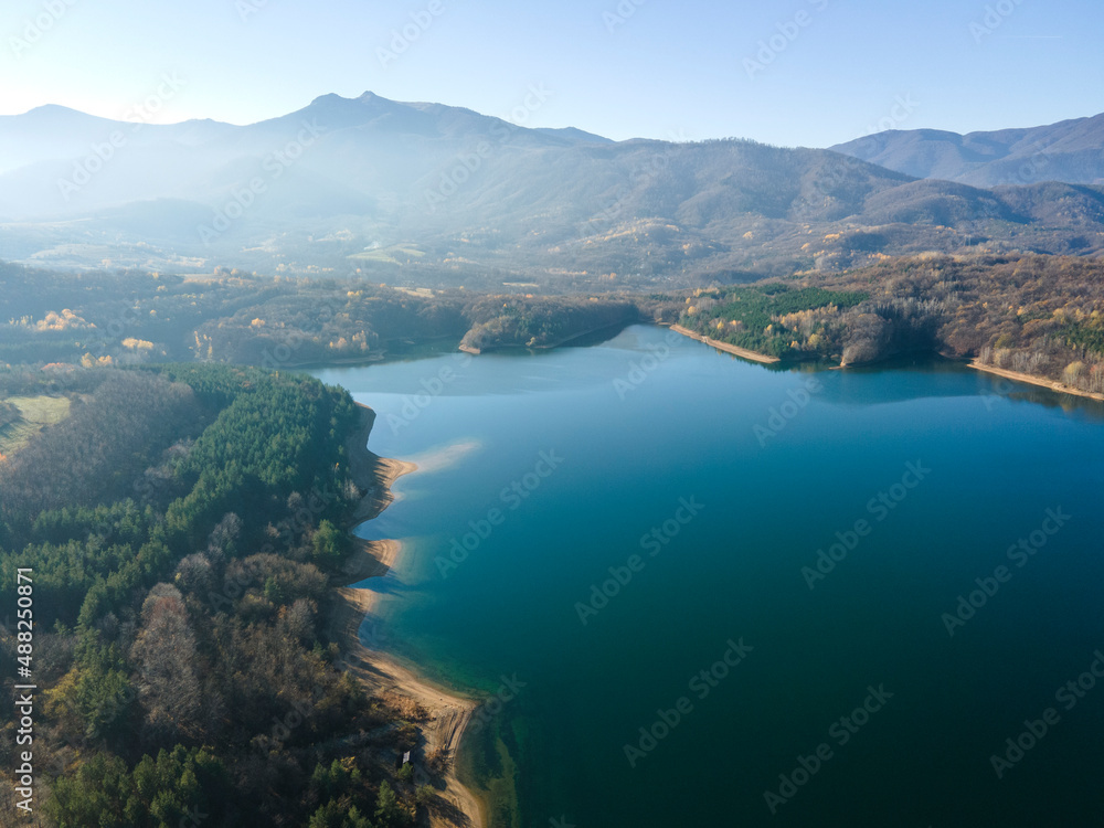 Aerial view of Srechenska Bara Reservoir, Bulgaria