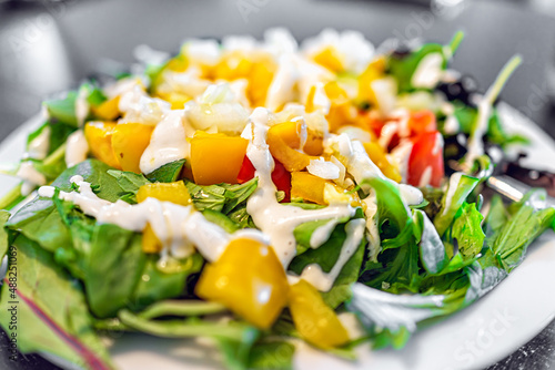 Closeup of fresh creamy cashew cheese dressing on chopped vegetable salad with yellow bell peppers on spring mix lettuce greens on white plate