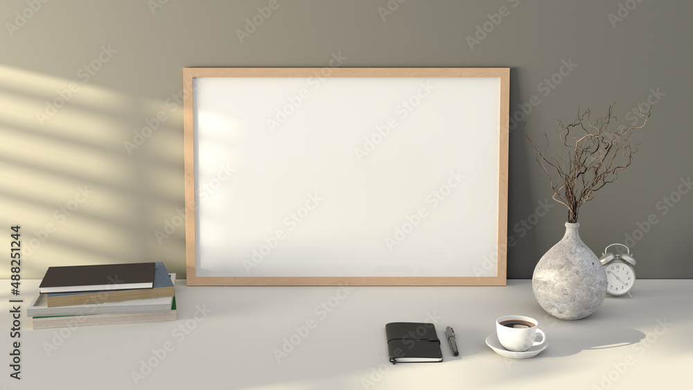 Horizontal BBB picture poster frame mock up. Cup of coffee, books, vase and notebook on white table. Gray wall background. Horizontal BBB picture poster frame mock up. Cup of coffee, books, vase and notebook on white table. Gray wall background.