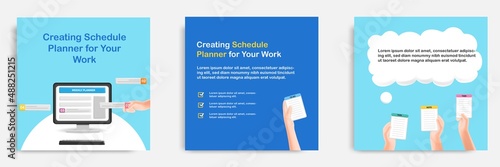 Social media informative post banner template design in 3D cartoon style, mobile smart phone app schedule reminder concepts with multicolor