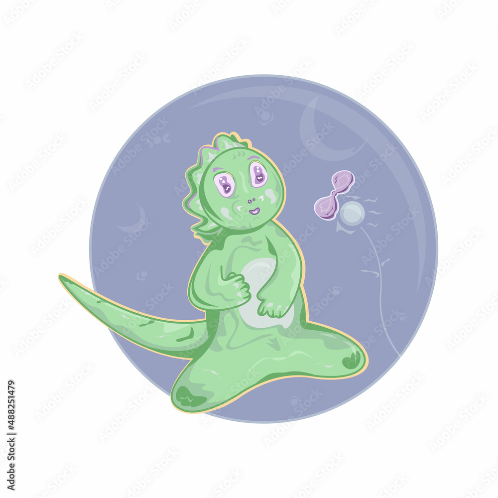 Obraz premium Smiling dragon looking at a colorful butterfly that has just flied from a transparent flower, on spring or summer day. Happy green dinosaur, reptile located on abstract background.