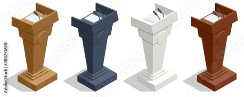 Isometric podium tribune rostrum stands with microphones on a white background. Podium Tribune Rostrum
