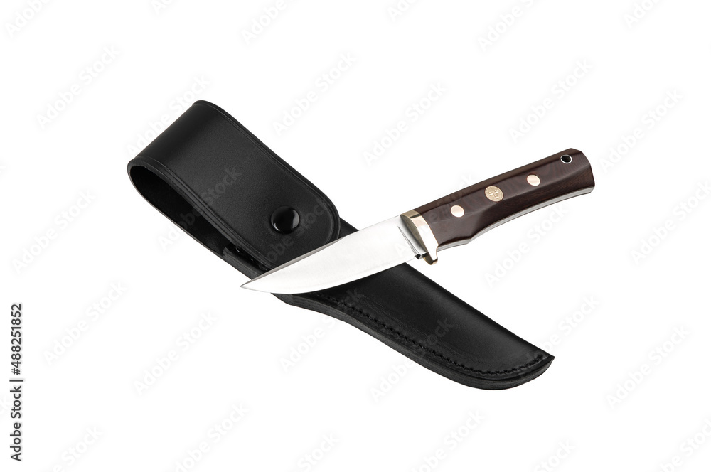 Modern hunting knife with silver blade and rubber handle. Steel arms. Isolate on a white back Modern hunting knife with silver blade and rubber handle. Steel arms. Isolate on a white back