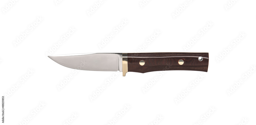 Modern hunting knife with silver blade and rubber handle. Steel arms. Isolate on a white back Modern hunting knife with silver blade and rubber handle. Steel arms. Isolate on a white back