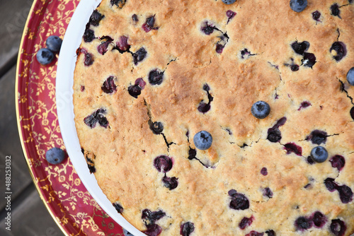Large freshly baked homemade blueberry pie, summer food, close up