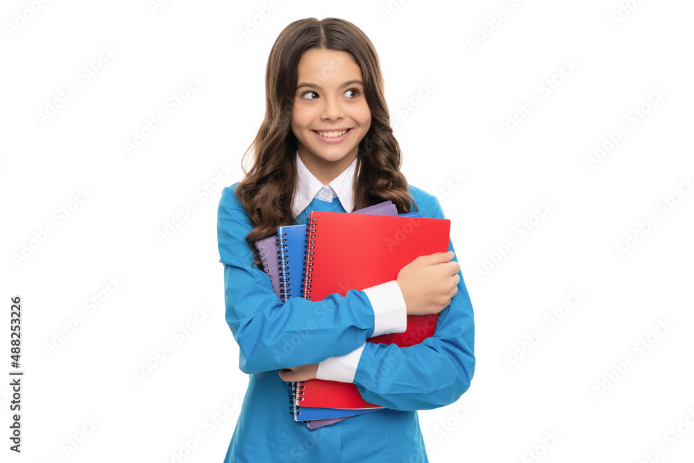 cheerful kid portrait has long curly hair with school workbook isolated on white, education cheerful kid portrait has long curly hair with school workbook isolated on white, education