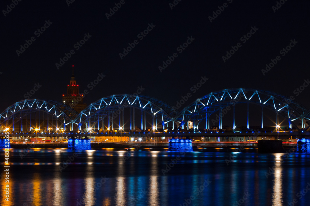 riga,railway bridge at night
