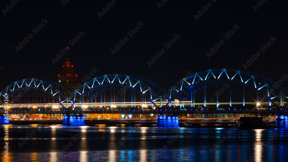 riga,railway bridge at night