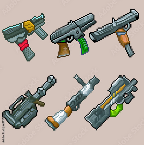 Pack with custom weapons, pixel art, weapons vector editable.