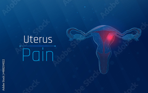 uterus problems visualization on woman's body in wireframe plexus style with triangles and dots