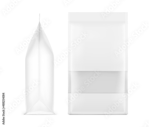 Stand bag with transparent window mockup on white background. With the transparent window and screen mode overlay, it's easy to make a realistic mockup of your product. Vector illustration. EPS10.	
