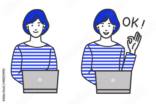 カジュアルでお洒落な服装のWEBデザイナー風の若い女性がパソコンの前に座りマルバツやオッケーなどの表情バリエーションの白背景に線画のシンプルなイラスト