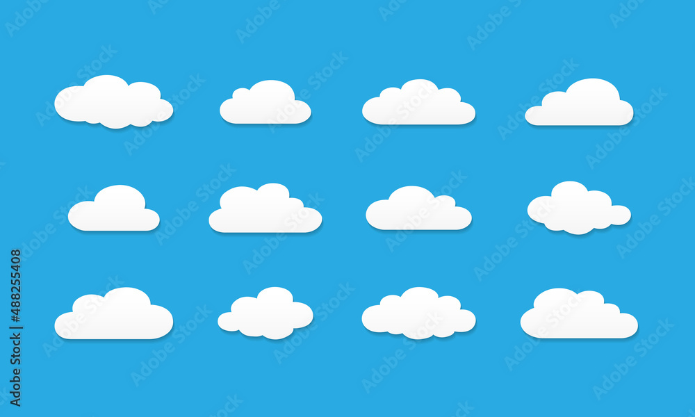 White clouds vector set. Clouds with shadows isolated on blue background. Vector EPS 10 White clouds vector set. Clouds with shadows isolated on blue background. Vector EPS 10
