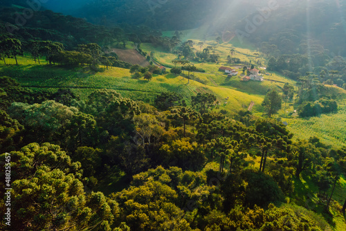 Aerial view of rural area with mountains and corn field in the municipality of Urubici, Santa Catarina, Brazil