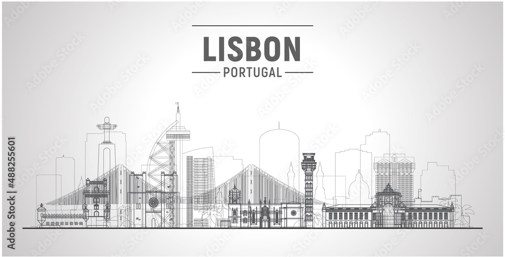 Lisbon ( Portugal ) line skyline with panorama in white background. Vector Illustration. Business travel and tourism concept with modern buildings. Image for presentation, banner, website.