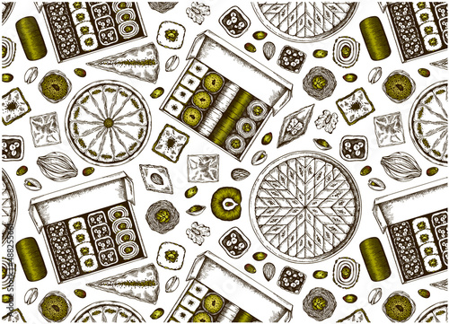 Sketch drawing pattern of oriental sweets with pistachio nuts isolated on white background. Turkish delight, baklava, lokum wallpaper for cafe menu. Outline box with arabic sweets. Vector illustration