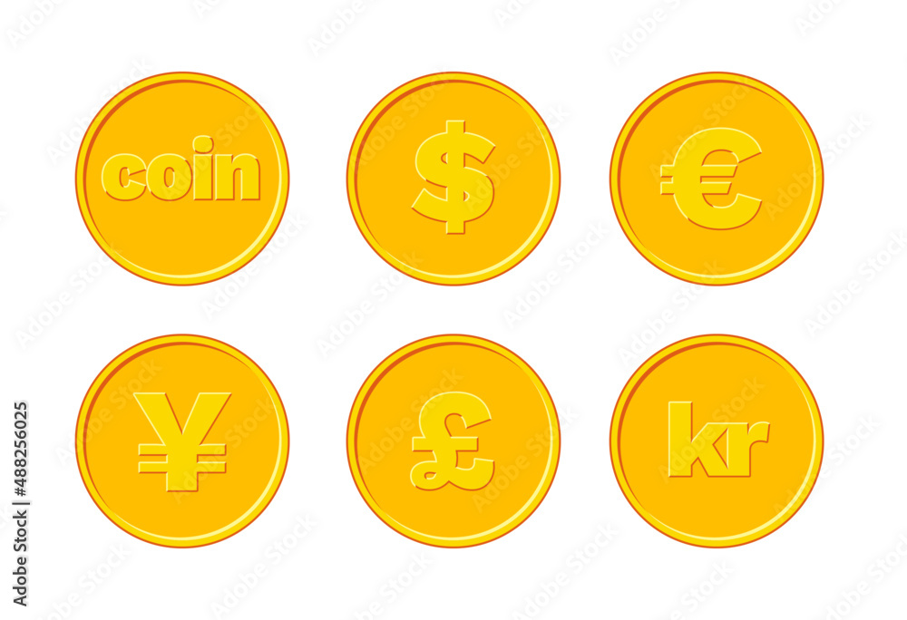 Set of different currency coins. Dollar, Euro, Yuan, Yen, Pound, Krone Set of different currency coins. Dollar, Euro, Yuan, Yen, Pound, Krone
