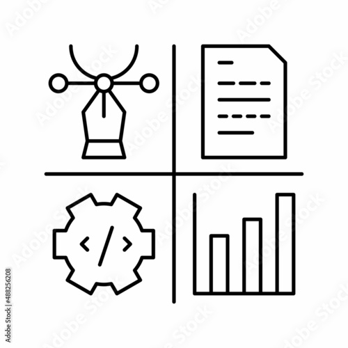 design, programming, content manager and analytics job line icon vector illustration