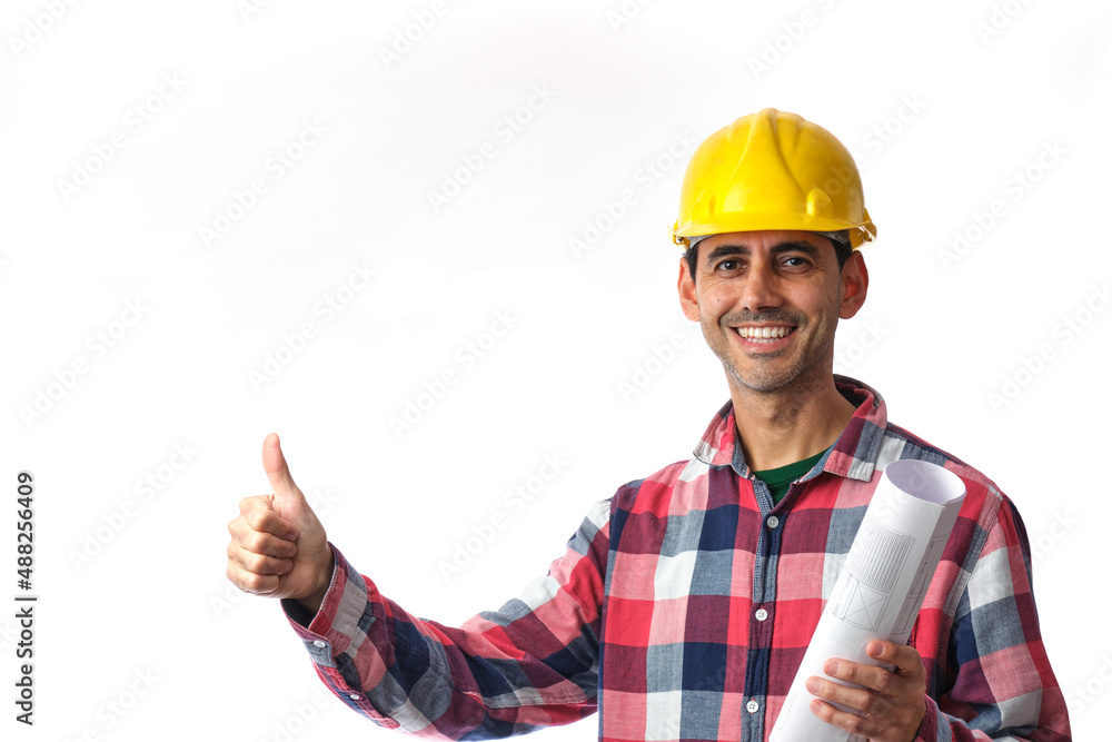 young brunette builder contractor smiling with yellow helmet on white background