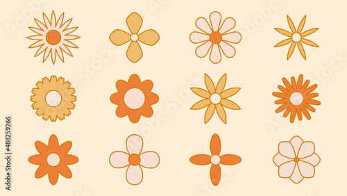 Collection of simple blooming flowers in 1970s psychedelic hippie style. Set of graphic stickers in retro design. groovy background. editable stroke isolated vector illustration