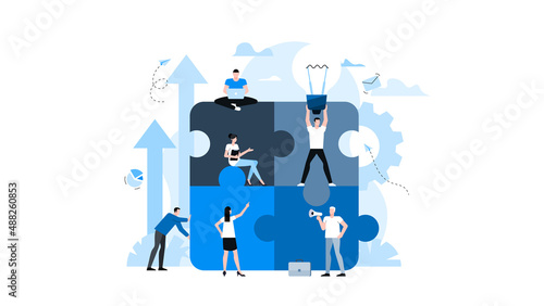 Animation ready duik friendly vector Illustration. Conceptual business story. Puzzle connection, teamwork abstract metaphor, partnership, collaboration, solving problem, effective business solution.