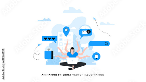 A female office worker performs many tasks at the same time. Multitasking. Animation ready duik friendly vector Illustration. Conceptual business story. Puzzle connection.