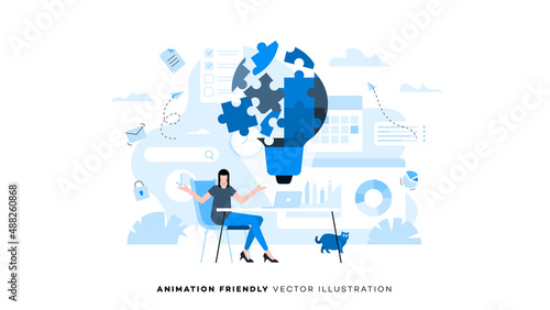 A female office worker cannot solve a difficult task. The lamp symbolizes the idea, but the puzzles do not fit together. Animation ready duik friendly vector Illustration. Conceptual business story.