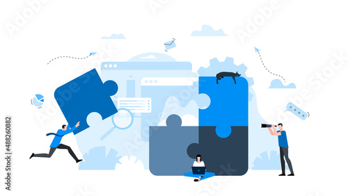 The man runs to put the missing puzzle. Animation ready duik friendly vector Illustration. Conceptual business story. Puzzle connection, teamwork abstract metaphor, partnership, solving problem.