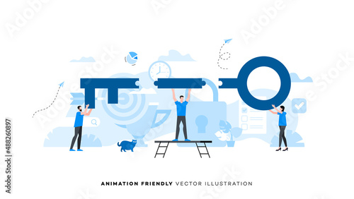 People connect three parts of the key together. Animation ready duik friendly vector. Puzzle connection, teamwork abstract metaphor, partnership, collaboration, solving problem, effective solution.