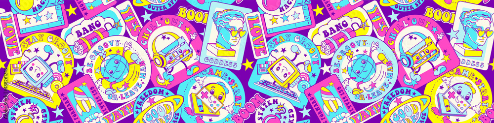Groovy seamless pattern with retro stickers. Wide website horizontal banner, back to 90s, 80s or 70s concept. Leaderboard social network group profile, header image. Seamless editable background Groovy seamless pattern with retro stickers. Wide website horizontal banner, back to 90s, 80s or 70s concept. Leaderboard social network group profile, header image. Seamless editable background
