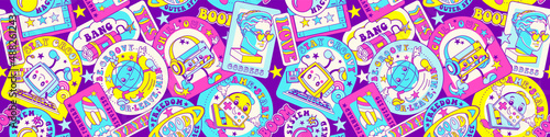 Groovy seamless pattern with retro stickers. Wide website horizontal banner  back to 90s  80s or 70s concept. Leaderboard social network group profile  header image. Seamless editable background