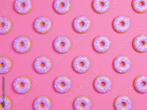 Fast food background. 3d rendering. Lots of donuts