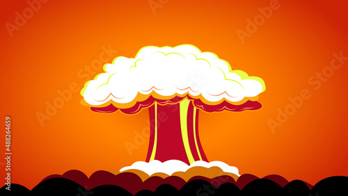 Immagine illustratica di esplosione di una bomba atomica, sullo sfondo rosso. photo